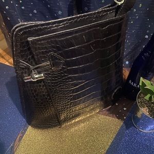 LONGCHAMP BLACK CROC EMBOSSED LEATHER SHOULDER CROSSBODY VNTG Bag GORG LUX RARE